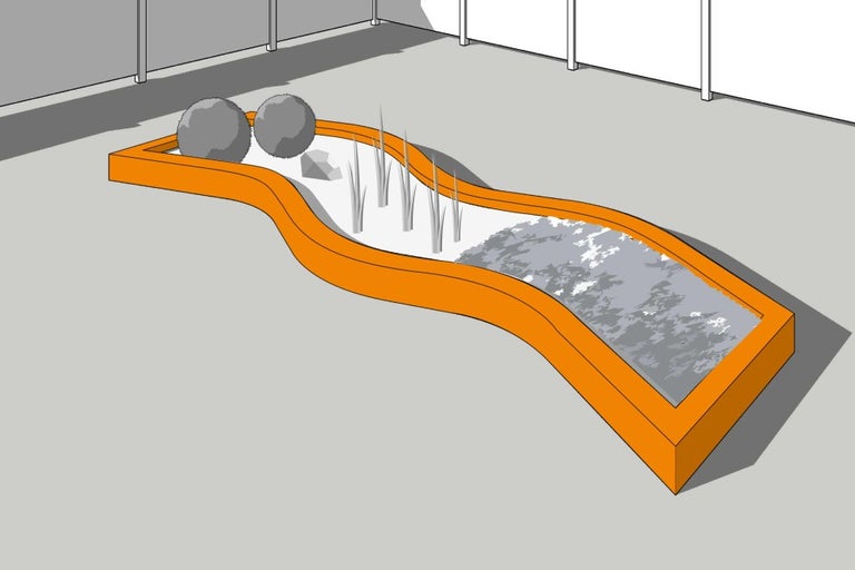 Ilustrace vyvýšeného záhonu s okrasnými rostlinami a kameny