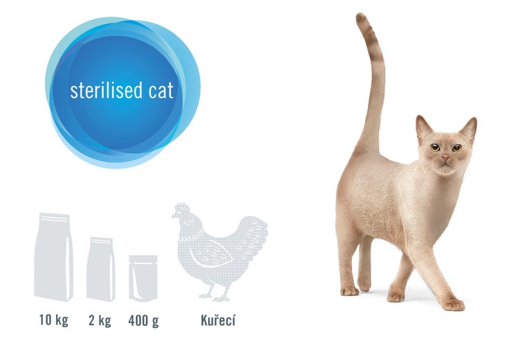 Krmivo pro kastrované kočky, různé velikosti balení a kuřecí příchuť