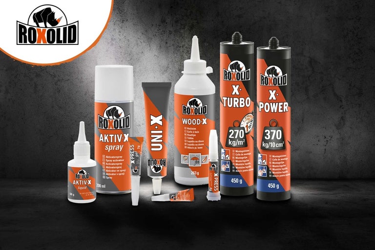 Sortiment lepidel Roxolid se sprejem Aktiv X, Uni X, Wood X, lepidly Turbo a Power