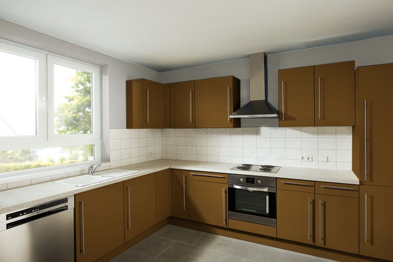 Vestavěná kuchyně s dřezem, sporákem, digestoří a myčkou nádobí