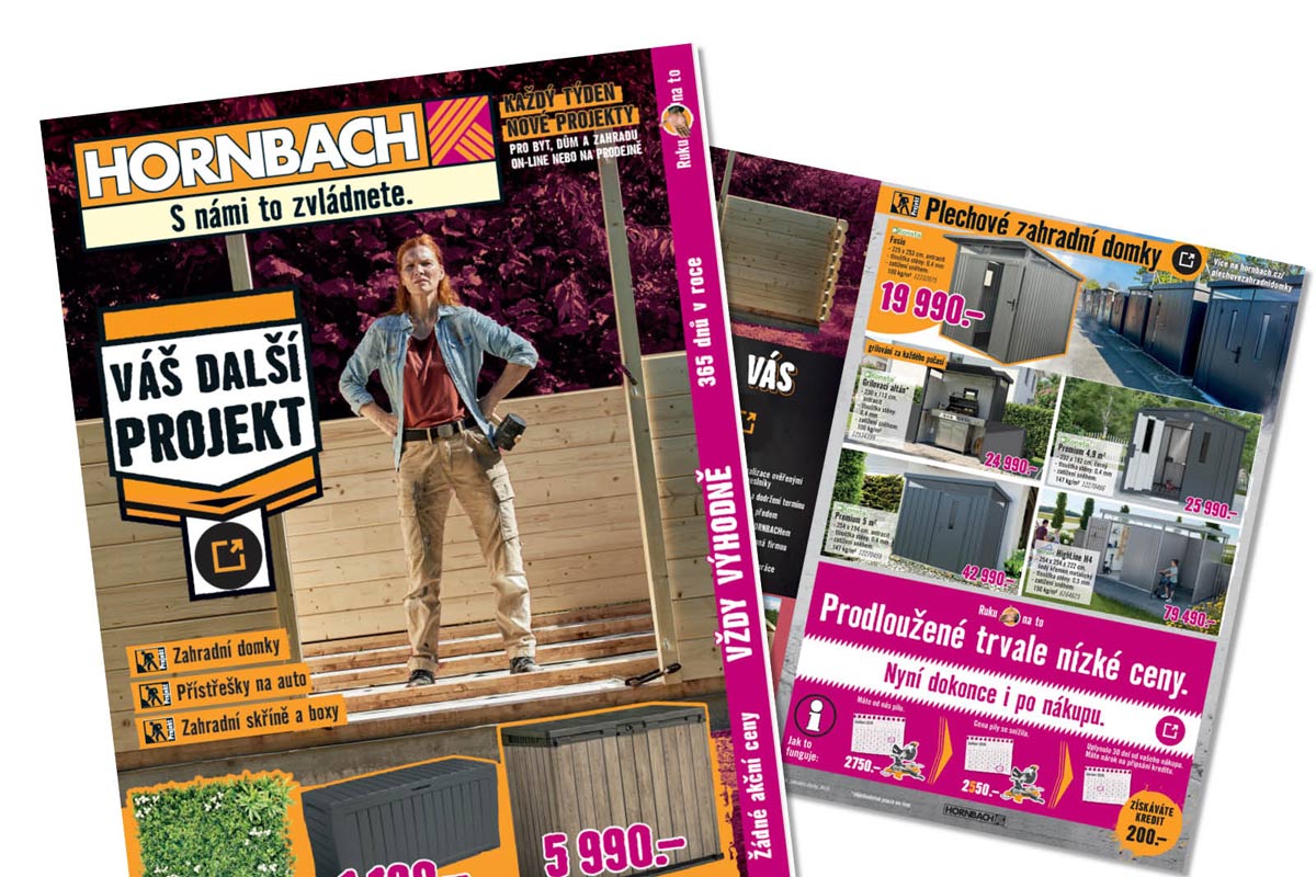 Hornbach Logo na reklamních letácích pro zahradní domky, přístřešky na auto, úložné boxy a plechové domky s cenami a zárukou nízkých cen.