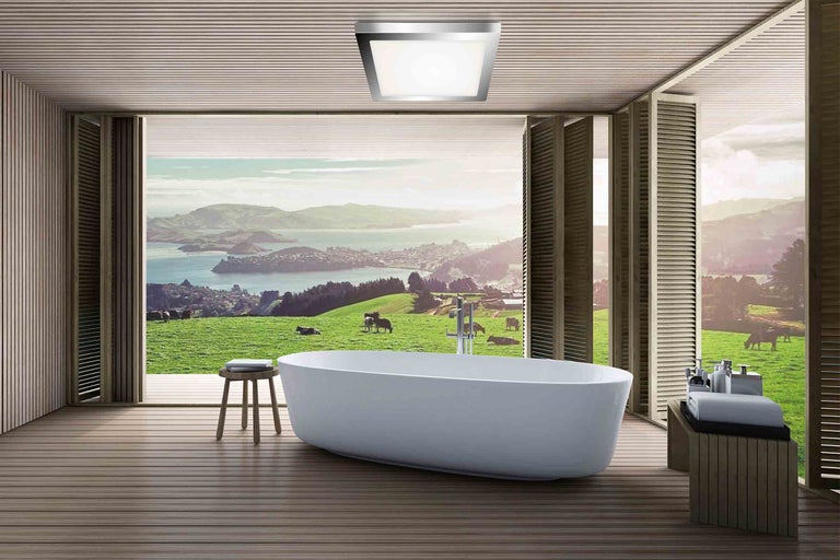 Koupelna s volně stojící vanou, stropním svítidlem a výhledem na zelenou krajinu