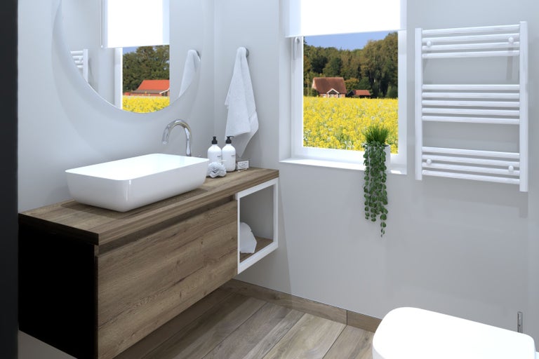 Koupelna s umyvadlem, zrcadlem, topným žebříkem a oknem