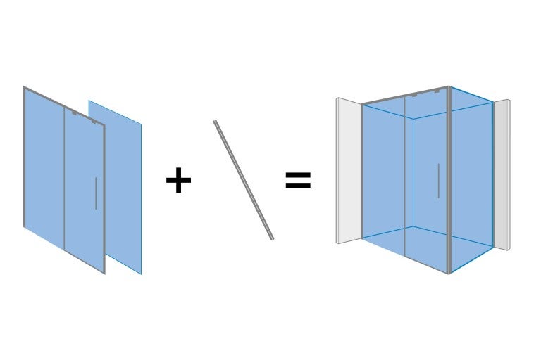 Ilustrace sprchového koutu, který se skládá ze dvou skleněných stěn, stabilizační tyče a dohromady tvoří rohový sprchový kout