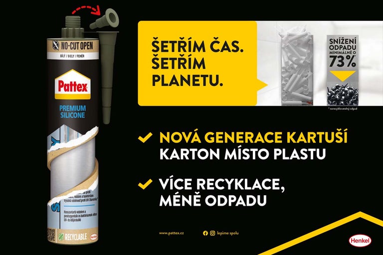 Pattex Premium Silikon v ekologické kartonové kartuši, která nahrazuje plast a snižuje množství odpadu o 73 procent.