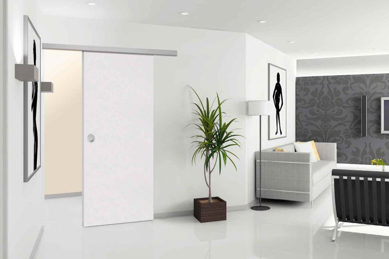 Světlý byt s posuvnými dveřmi, rostlinou a pohovkou