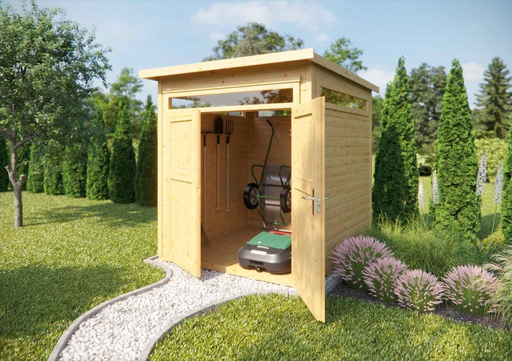 Zahradní domek s otevřenými dveřmi, vybavený zahradním nářadím a sekačkou na trávu