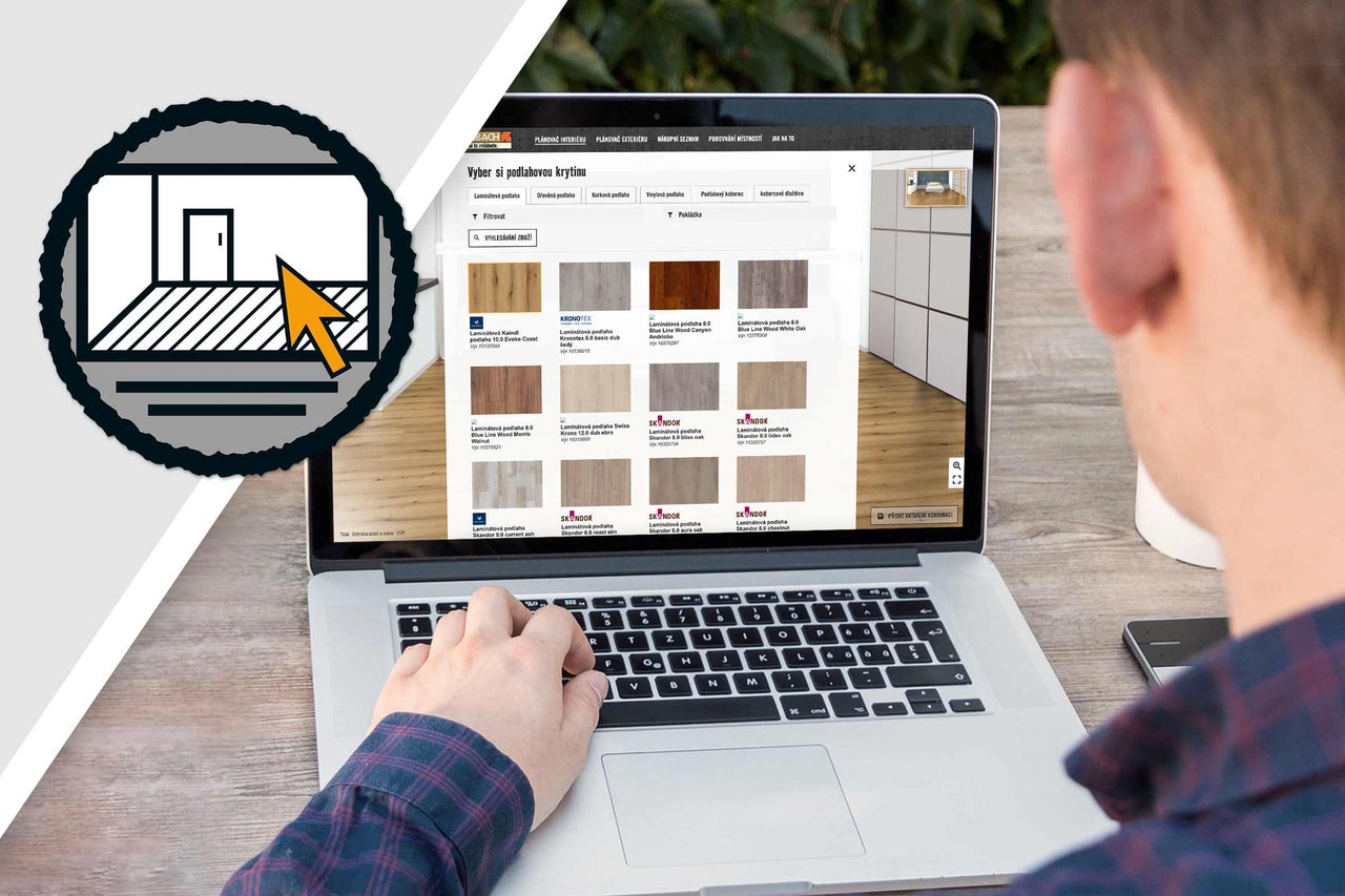 Muž používá notebook k výběru podlahových krytin v internetovém obchodě Hornbach.