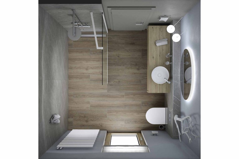 Ptačí perspektiva koupelny se sprchou, umyvadlem, toaletou a radiátorem