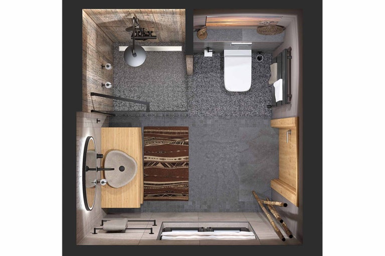 Pohled shora na koupelnu se sprchou, umyvadlem, toaletou a vanou