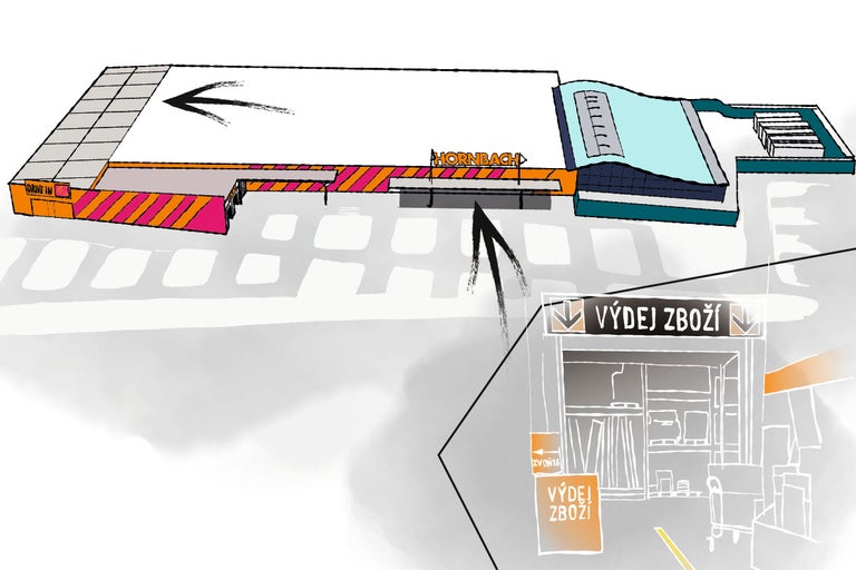 Ilustrace hobbymarketu Hornbach s drive in a výdejem zboží