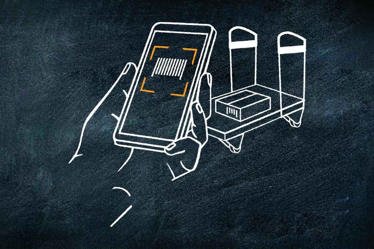 Ilustrace mobilního telefonu skenujícího čárový kód, vedle police