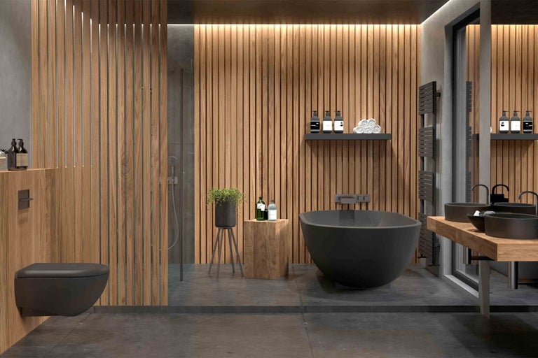 Moderní koupelna s volně stojící vanou, umyvadlem s umyvadlovou mísou a dřevěným obkladem