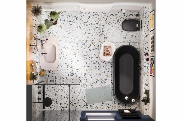 Pohled shora na koupelnu s umyvadlem, vanou a vzorovanou dlažbou