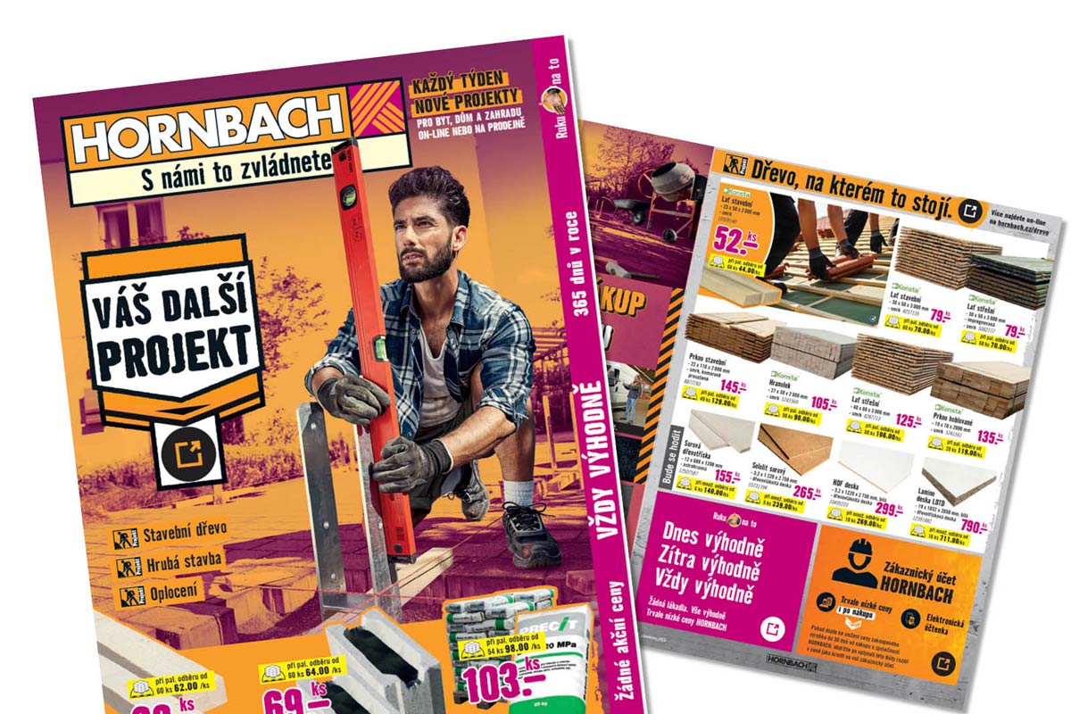 Reklamní leták Hornbach s řemeslníkem držícím vodováhu, nabídkou stavebního dřeva a informacemi o projektech.
