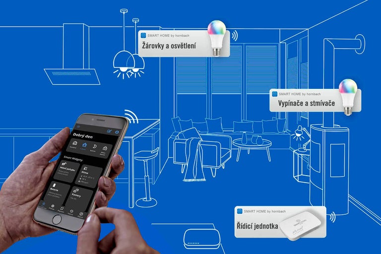 Smartphone v ruce ukazující ovládání chytré domácnosti v domě