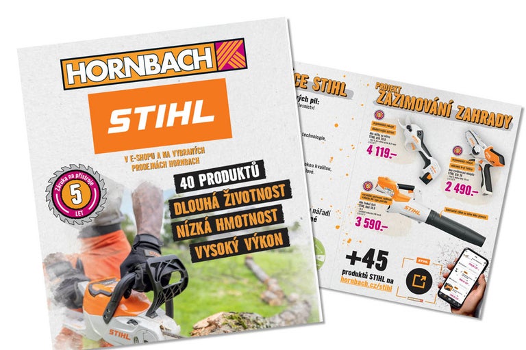 Reklamní leták Hornbach se zahradní technikou značky Stihl jako jsou řetězové pily a nůžky na větve včetně informace o pětileté záruce.
