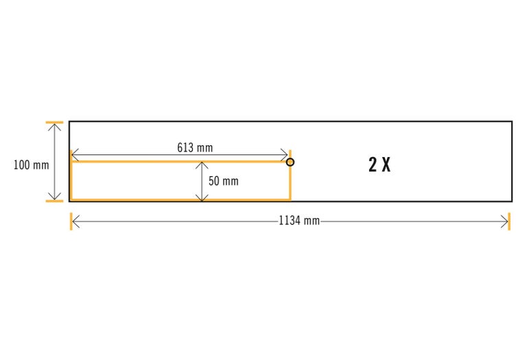 Obrázek rozměrů dřevěné desky: délka 1134 mm, šířka 100 mm, výřez délky 613 mm a šířky 50 mm. Rozsah dodávky: 2 kusy.