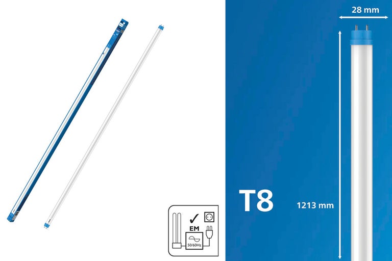 LED trubice Philips T8 o délce 1213 milimetrů a průměru 28 milimetrů pro elektromagnetické předřadníky