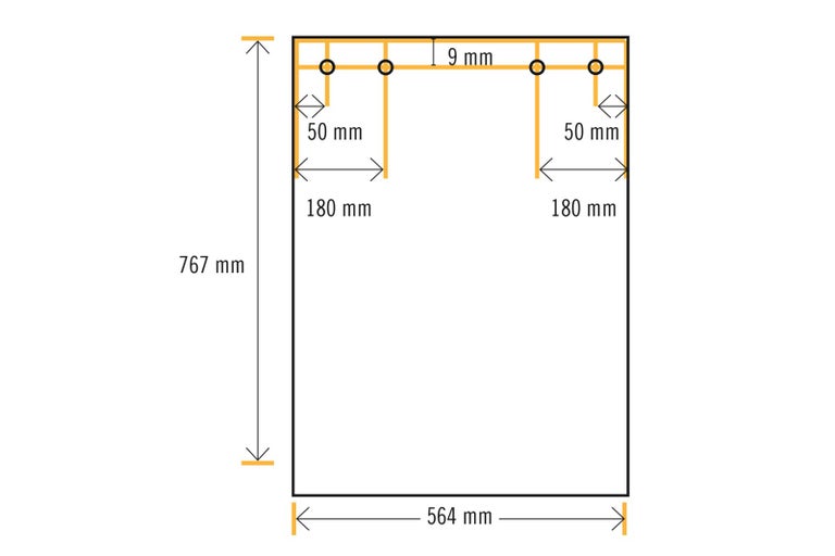 Technický nákres s rozměry nábytku: výška 767 milimetrů, šířka 564 milimetrů.