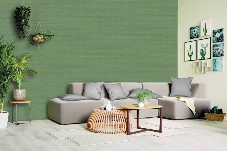Obývací pokoj se zelenou nástěnnou tapetou, pohovkou a dekoracemi