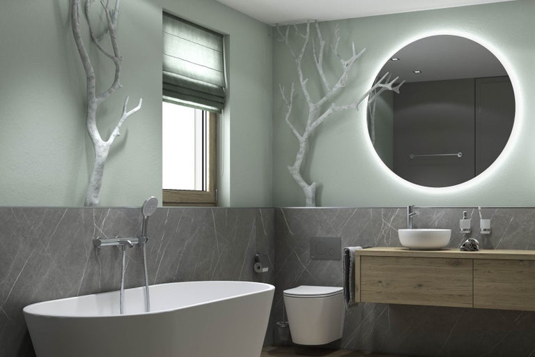 Světlá koupelna s vanou, umyvadlem, zrcadlem a toaletou