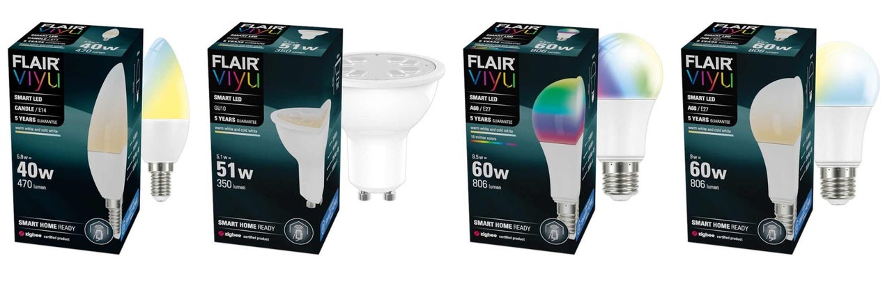 Několik LED žárovek Flair Viyu s různými paticemi a výkony