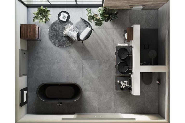 Pohled shora na koupelnu s vanou, umyvadlem, sprchou a toaletou.