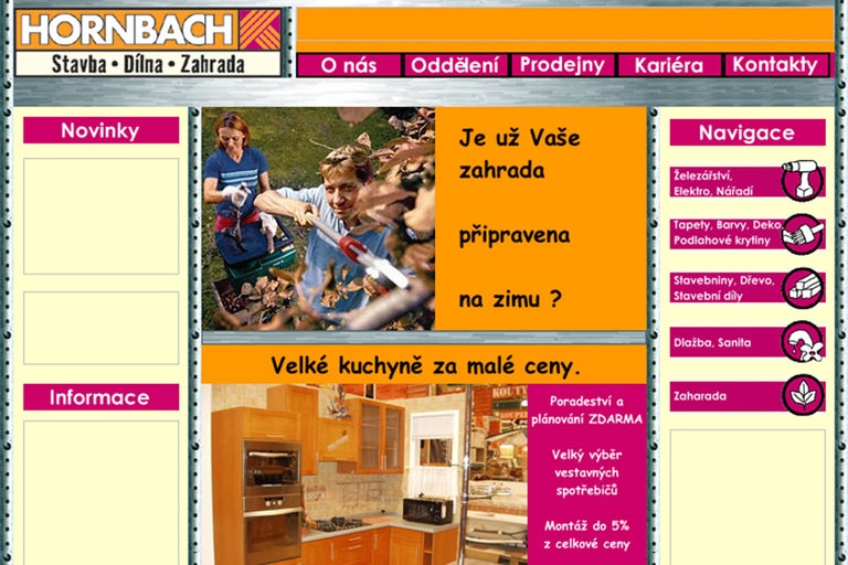 Úvodní stránka e-shopu Hornbach: zahradničení, kuchyňské nabídky a navigace