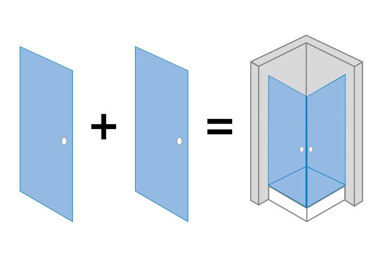 Ilustrace zobrazuje dvě sprchové stěny, které dohromady tvoří rohový sprchový kout.