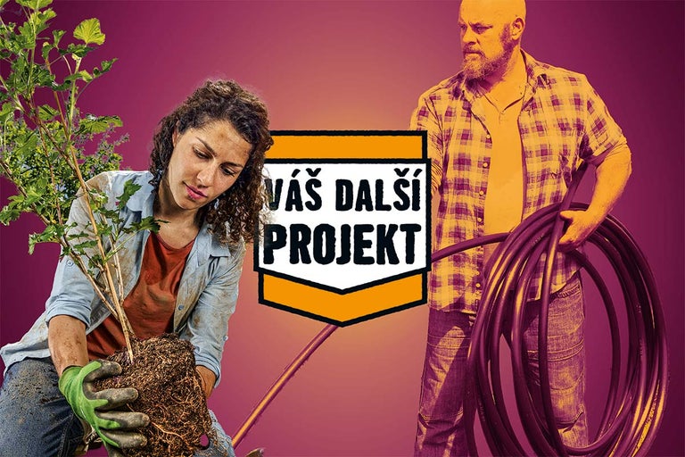 Žena drží rostlinu s kořenovým balem, muž drží hadici; Zahradní scéna s textem 'Váš další projekt'