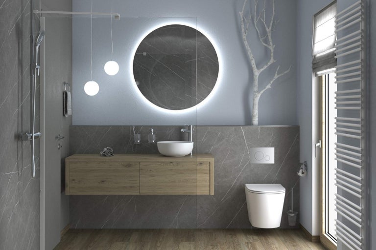 Světlá koupelna se sprchou, umyvadlem, zrcadlem s osvětlením a toaletou