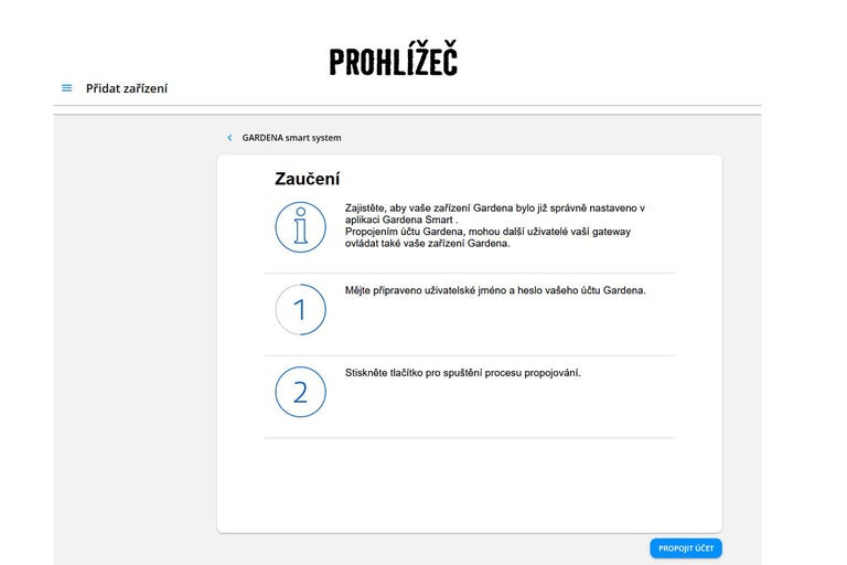 Zobrazení prohlížeče systému Gardena Smart pro registraci zařízení