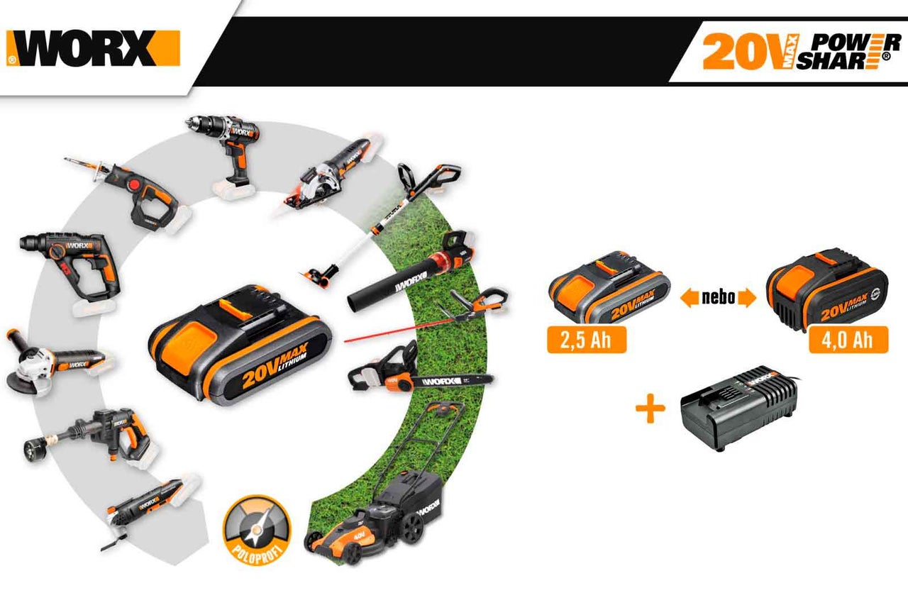 Akumulátorový systém Worx Power Share s různými zahradními nástroji a nářadím