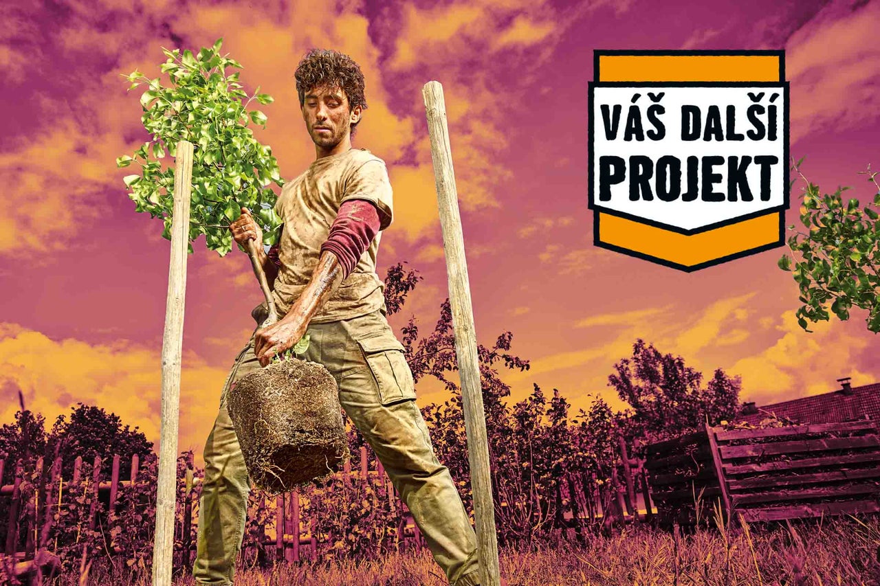 Muž v zašpiněném oblečení sází mladý strom s kořenovým balem mezi dva dřevěné kůly v zahradě. Logo Váš další projekt.