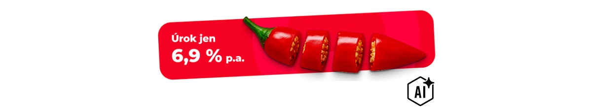 Reklamní banner s nakrájenou chilli papričkou a informací o financování s úrokem pouze 6,9 procenta za rok.