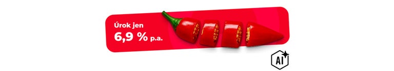 Reklamní banner s nakrájenou chilli papričkou a informací o financování s úrokem pouze 6,9 procenta za rok.