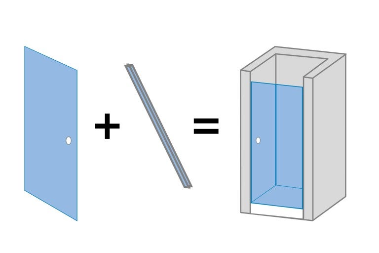 Grafické znázornění sprchového koutu, sestávajícího z dveří, profilu a sprchové vaničky