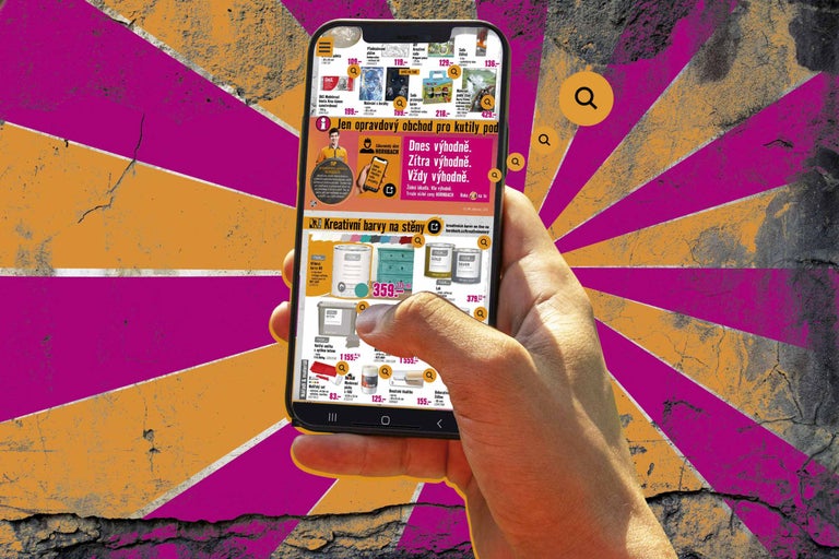 Mobilní telefon zobrazuje webové stránky Hornbach s výrobky pro kutily