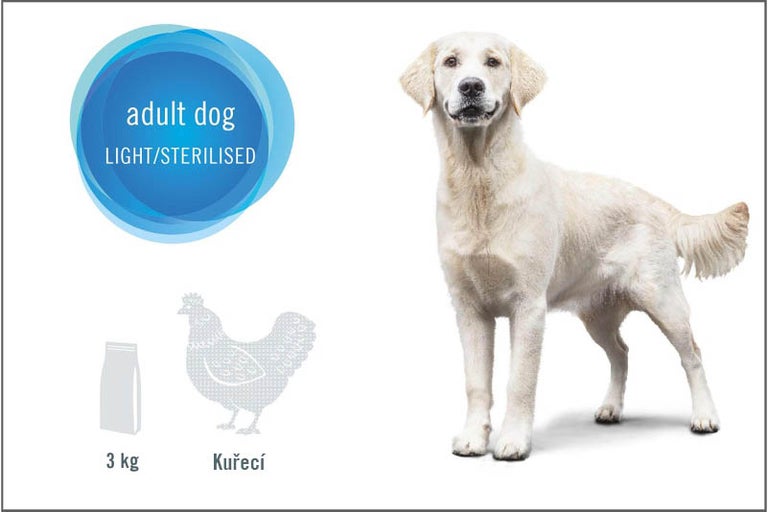 Krmivo pro dospělé kastrované psy nebo psy s nízkou energetickou náročností, s kuřecí příchutí, balení 3 kilogramy