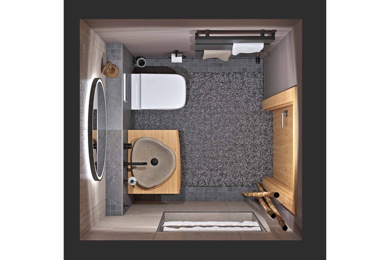 Koupelna s umyvadlem, toaletou, zrcadlem a úložným prostorem shora