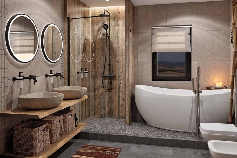 Koupelna s umyvadly, zrcadly, sprchou a vanou