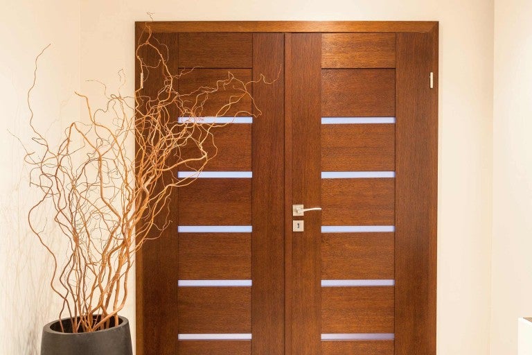 Dřevěné dvoukřídlé dveře se skleněnými výplněmi a stříbrnou klikou vedle okrasného keře v květináči.