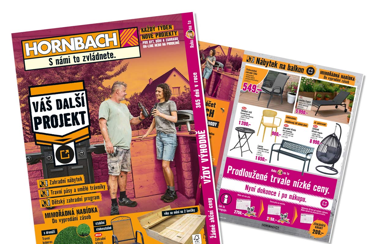 Hornbach leták s názvem Váš další projekt zobrazuje zahradní nábytek, gril a balkonový nábytek jako jsou židle, stoly a lavice.