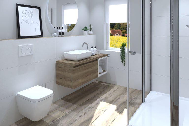 Moderní koupelna s toaletou, umyvadlem, zrcadlem a sprchou