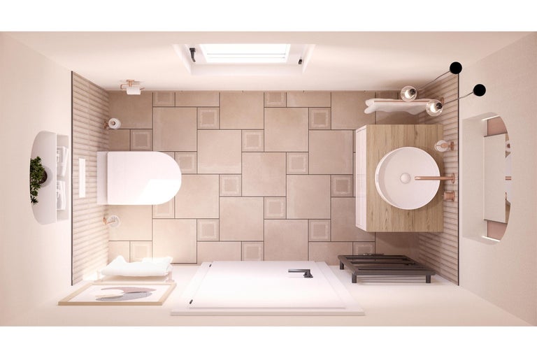 Koupelna s toaletou, umyvadlem, sprchou a obklady