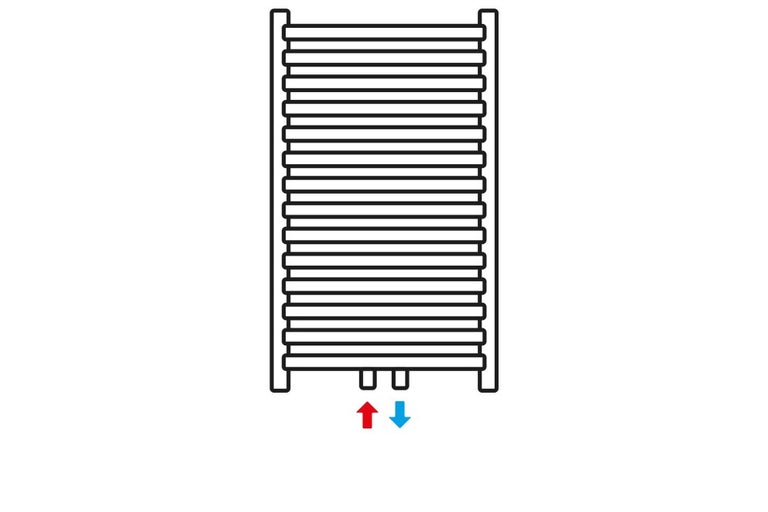 Schéma ohřívače ručníků s přívodem a odvodem