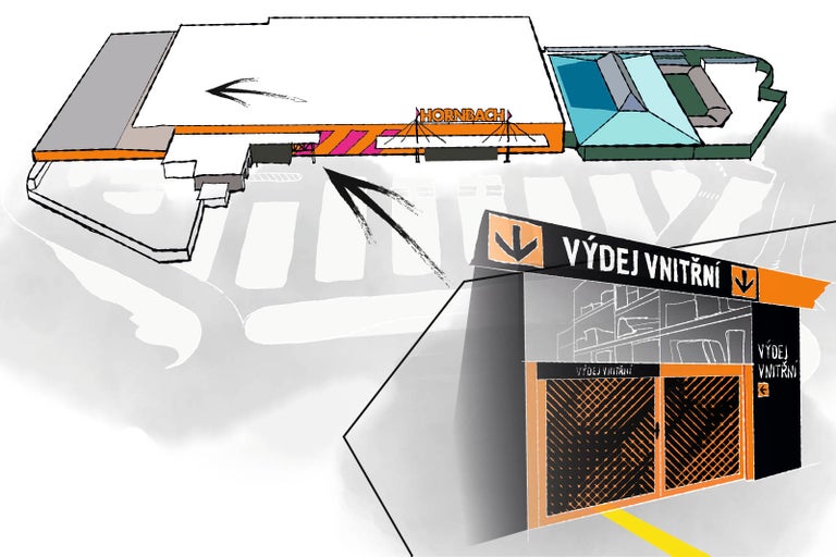 Ilustrace hobbymarketu Hornbach se vstupním prostorem