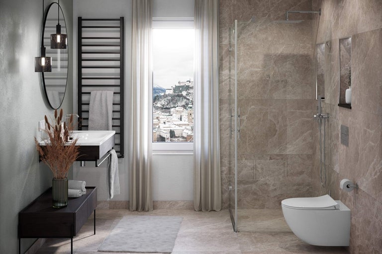 Moderní koupelna se sprchou, umyvadlem a topením