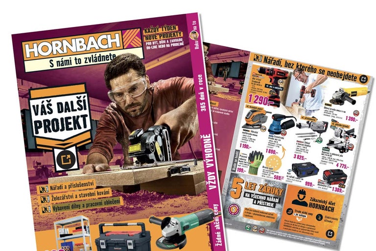 Reklamní leták Hornbach s řemeslníkem, elektrickým nářadím a kufrem na nářadí.
